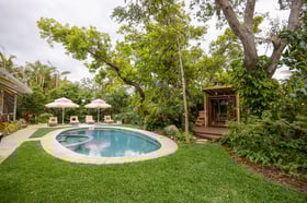 Backyard landscape beds pool outdoor seating patio sauna