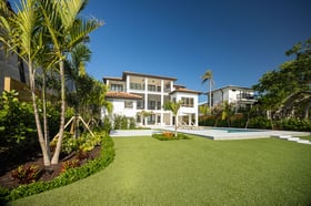 backyard patio outdoor seating pool landscape beds artificial turf 